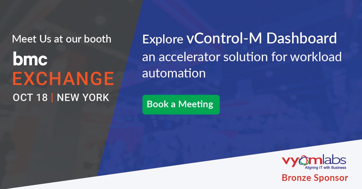 vyomlabs's tweet photo. Visit us at our #Booth in #BMCExchange #NewYork 2018 on Oct 18,2018 to Explore our solution #vControl-M #Dashboard which extends the capability of #ControlM.
Book a meeting: https://t.co/OHVjygO8fM
#Analytics #Report #Exchange18 https://t.co/0tUlZ2sj6I