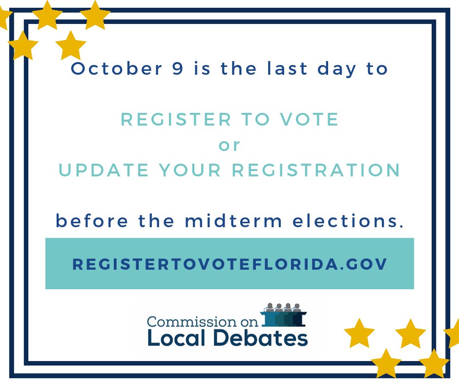 localdebates's tweet image. Are you election-ready? Check your voter registration status (registertovoteflorida.gov) then head to localdebates.org to learn about the candidates! 

#CivicEngagement #VoterRegistration #LocalDebates