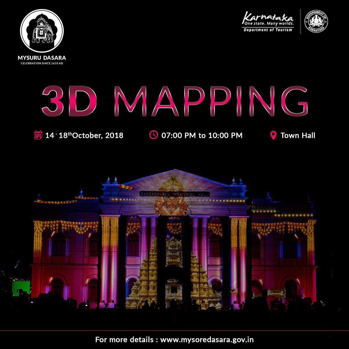 MysuruDasara's tweet photo. The prestigious memorial hall comes alive with the #3D_Mapping showing the stunning visuals of the rich history and culture of #NammaMysuru. Come together and be a part of the festivities in #Mysuru.

- #3DMapping #MysuruDasara2018 #Dasara2018 #Mysore https://t.co/YsogvqhU9Q