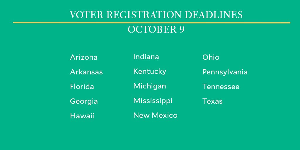 Today, October 9, is the final deadline to register to vote in this critical election if you live in one of these states. Check your registration today, and tell a friend: IWillVote.com
