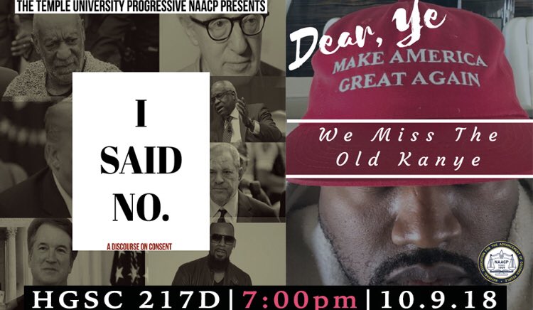 TEMPLE_NAACP's tweet photo. Tonight topics are going to get very heated! Pull up and let’s discuss about what Kanye has been doing in the media! https://t.co/F8YtcVK7gz
