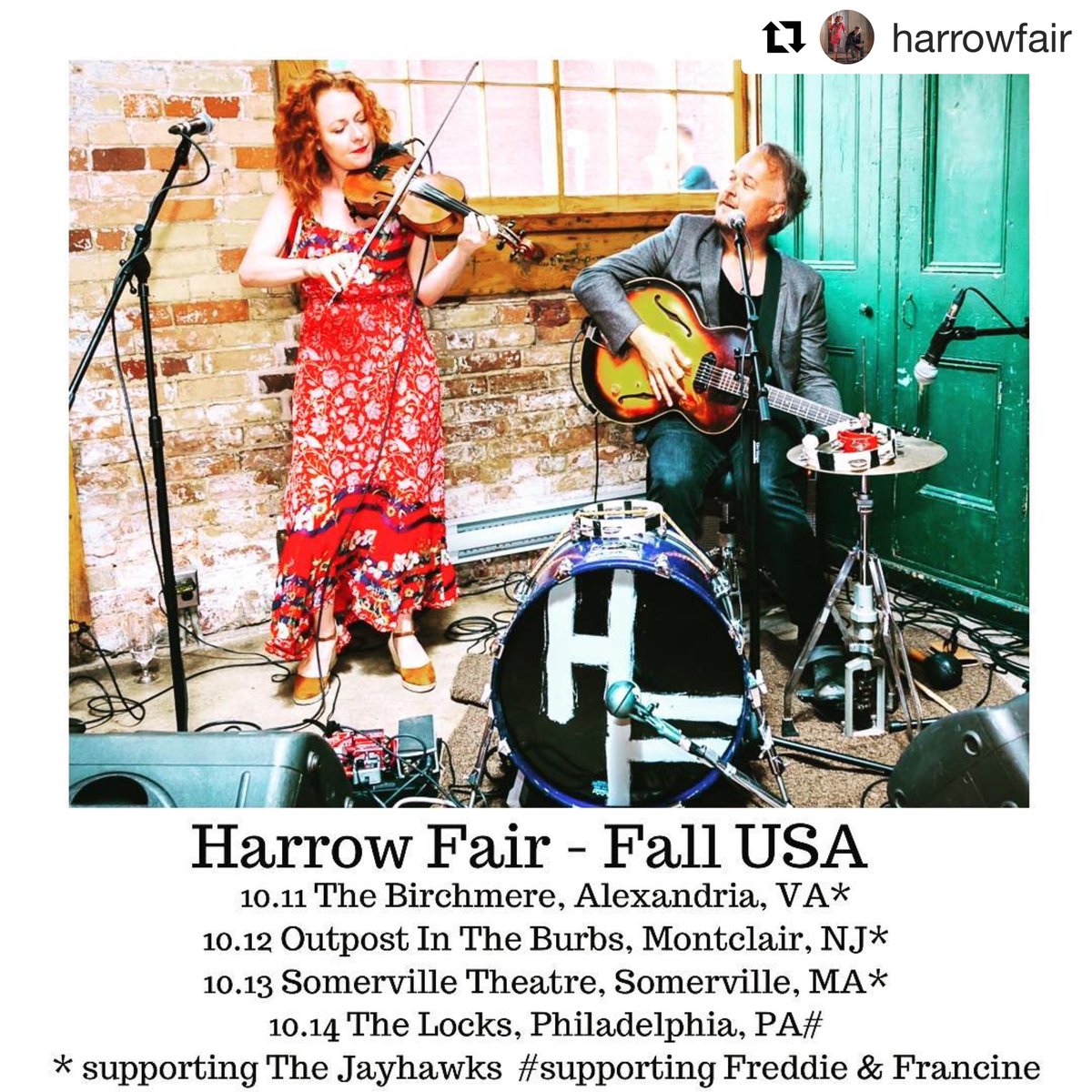 miramulholland's tweet photo. heads up 🇺🇸! @harrowfairmusic is heading your way supporting @the_jayhawks & @freddyfrancine. some tickets left for philadelphia at #thelocks at @sonapubkitchen. https://t.co/w8xwF42SwP
