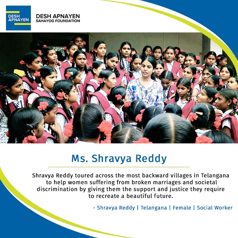 DeshApnayen's tweet photo. Shravya Reddy toured across Telangana's backward villages to help women suffering from broken marriages &amp; societal discrimination.
#DeshApnayen applauds Shravya's commendable work of supporting d women of rural India
#ApathyToOwnership #AwareCitizen #AlertInformedAndActiveCitizen https://t.co/r0V3mufMCW