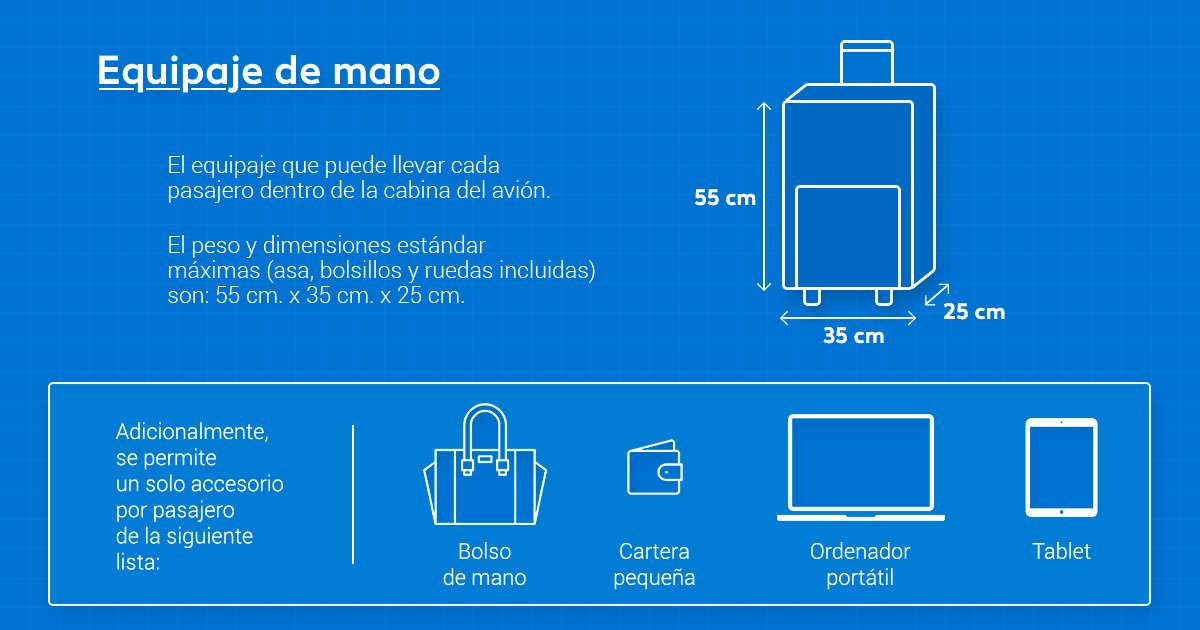 Arriesgado retroceder pequeño Air Europa op Twitter: "@Mione_Cass ¡Hola, Mionee! Como equipaje de mano  puedes llevar una maleta de 10kg con medidas 55x35x25cm (largo, ancho,  alto) y un pequeño accesorio como mostramos en la imagen:
