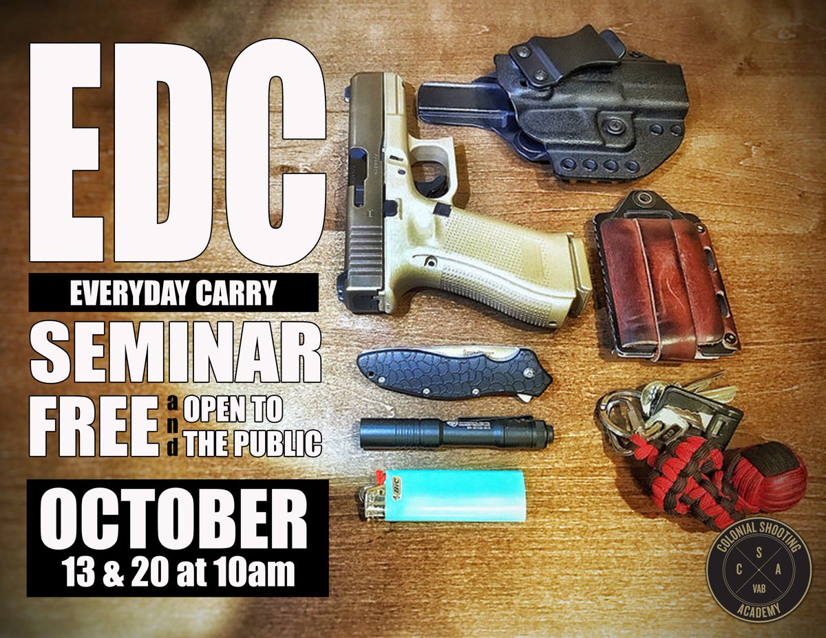FSCVABeach's tweet photo. EDC seminar October 13 &amp; 20 at 10am. It’s FREE #colonialshootingacademy #csavab #csavb #edc #everydaycarry #whatsinyourpocket #pewpewpew #free https://t.co/1zubeBhvgf