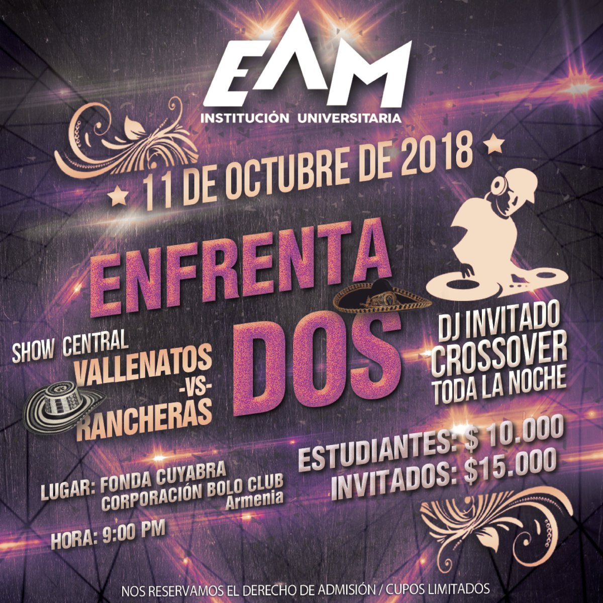 EAMdelquindio's tweet photo. ¡Faltan dos días para la #FiestaEAM!😎 #DjCrosover durante toda la noche y como #ShowCentral tendremos un #duelo de #Vallenatos y #Rancheras🤠Además el #viernes NO HAY CLASE. Jueves 11 de Octubre #FondaCuyabra #BoloClub ¿Y las boletas? las pueden conseguir ya en #Tesoreria. https://t.co/lGeqAhc6jd
