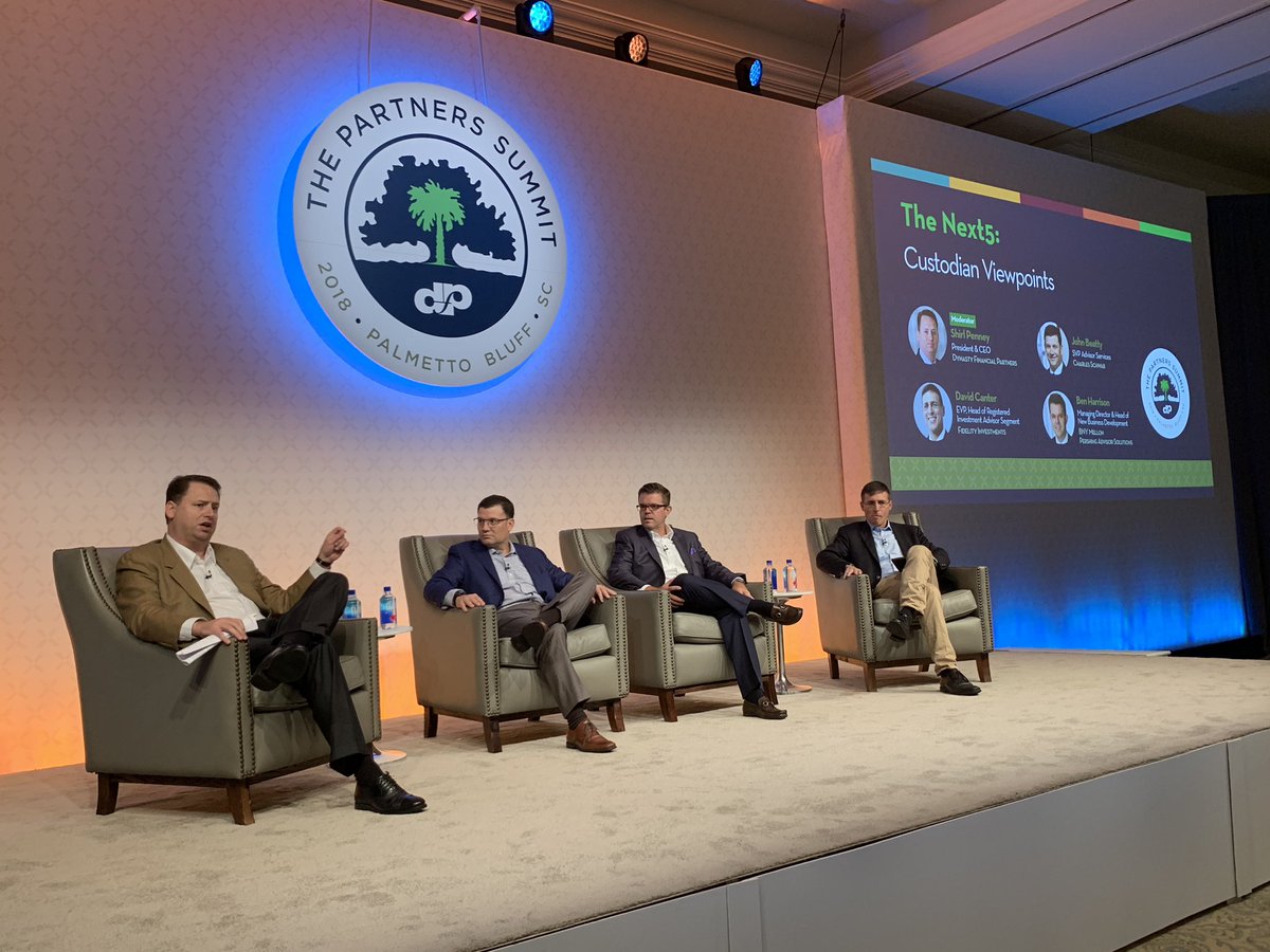 DynastyFP's tweet photo. Day 2 of #dfpsummit kicks off as Shirl gains insights from custodian leaders; David Canter of @Fidelity4BD_RIA, Ben Harrison of @Pershing, and John Beatty of @Schwab4RIAs https://t.co/KYjkSQEH41