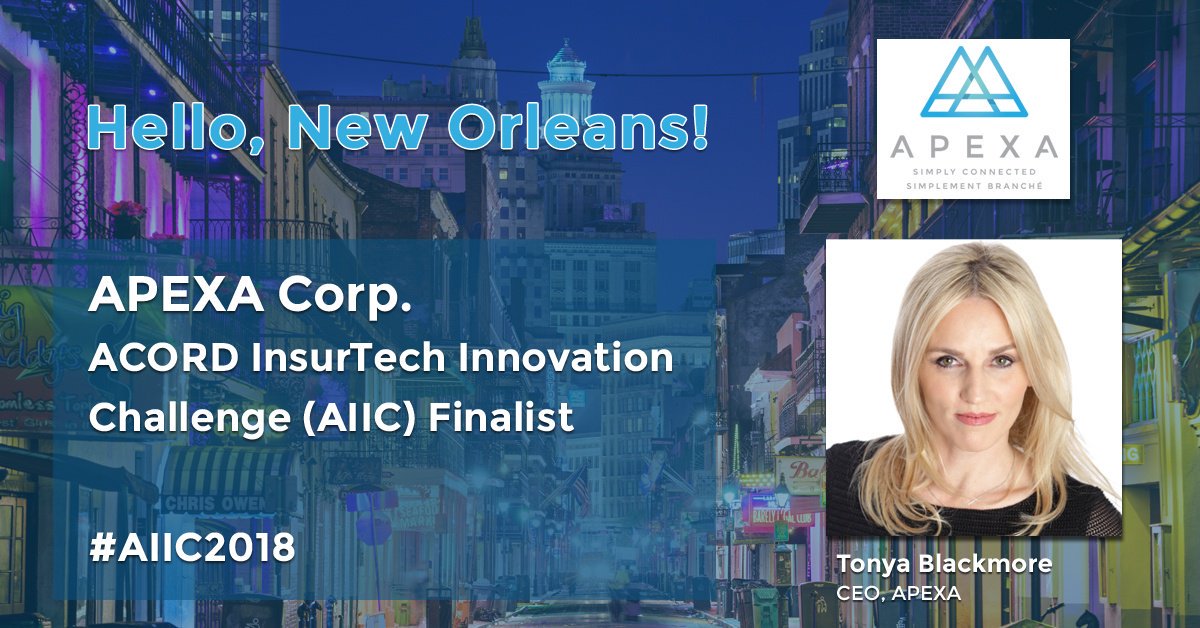 APEXA_Corp's tweet photo. Back in June, team @APEXA_Corp officially became a finalist for #AIIC2018! Tomorrow, Tonya Blackmore is heading to New Orleans for #ACORD2018. We can't wait to share our smart contracting and compliance solution on the #ACORD stage! Stay tuned for more. #InsurTech #RegTech https://t.co/rzgdMVxZcn