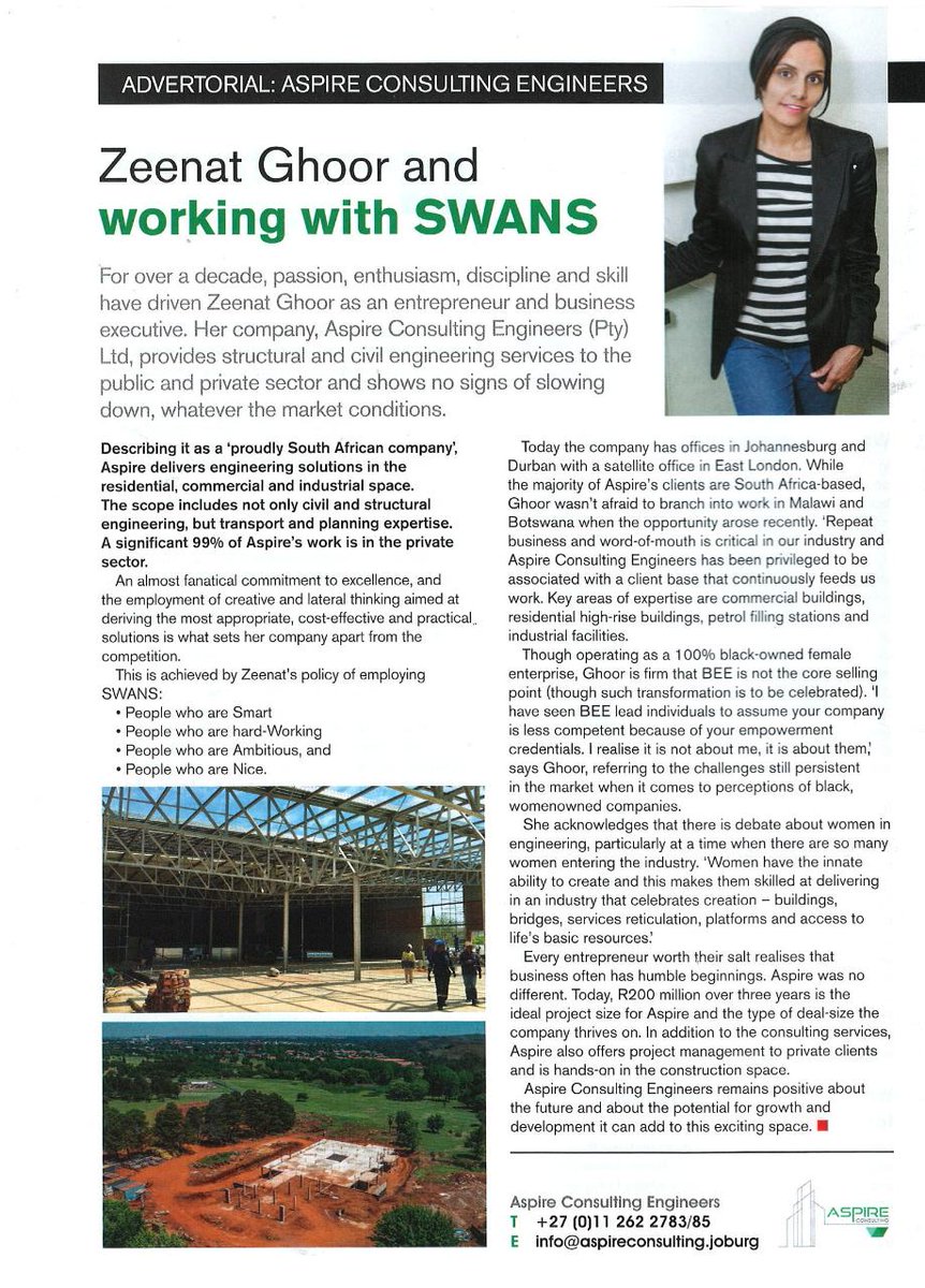 Aspire_Eng's tweet photo. Aspire Consulting's Executive Zeenat Ghoor is on the latest issue of the @SABusinessIntegrator talking about her policy on employing SWANS and how that sets her company apart from competitors. Read full article online https://t.co/TUs4ANTDkD https://t.co/SGIfJPKQPx