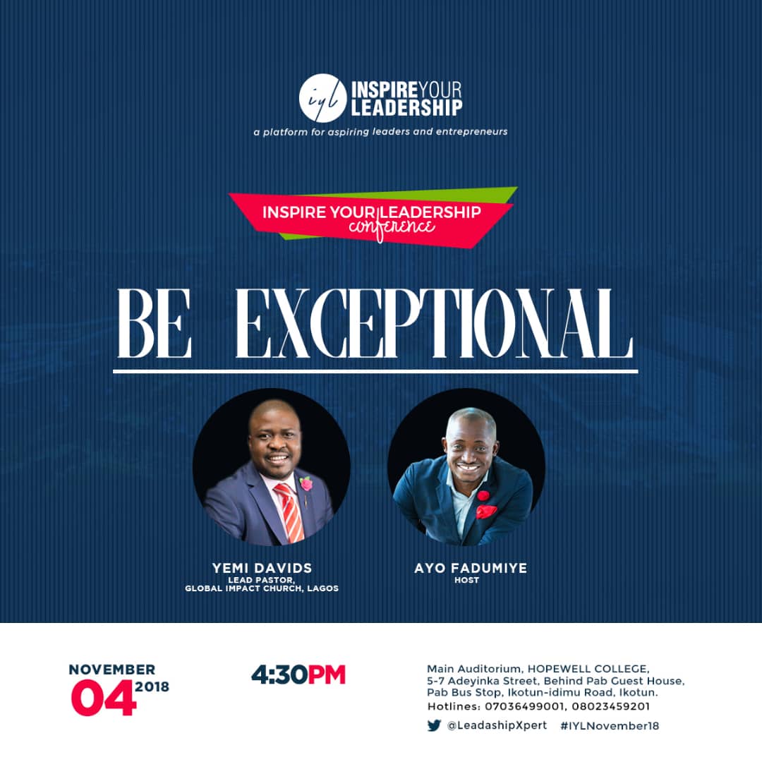 ayo_fadumiye's tweet photo. It's time to live the #exceptional life you were created to live. Don't be lost in the crowd. #BeXceptional with @YemiDavids @Global_ImpactNG @Light_Sanctuary @IYLeadership1 #SaveTheDate Sunday, November 4 @Omojuwa @pastorpoju @PGeeman Live in Ikotun. https://t.co/DR0F0VLZbI