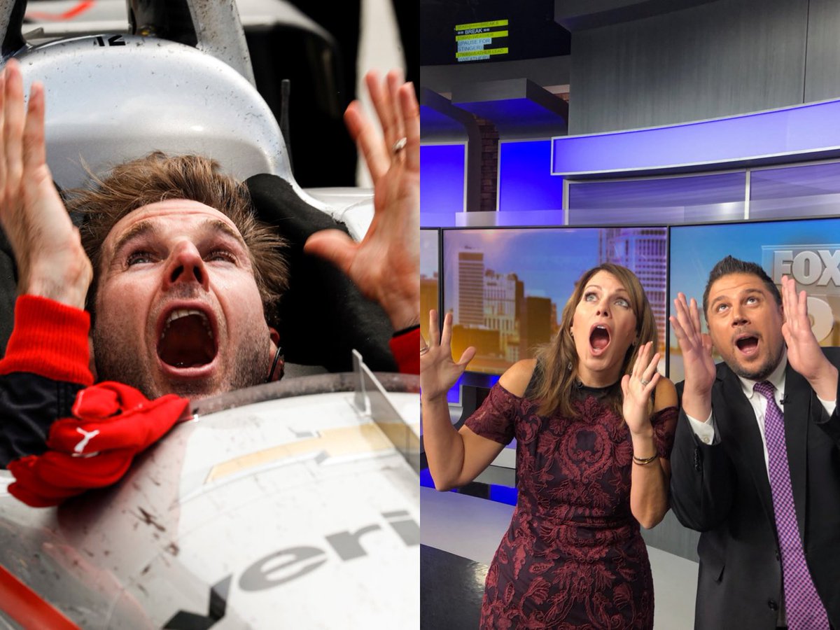 detroitgp's tweet photo. This #PowerFace thing has legs! @fox2deena & @JayTowers doing their best @12WillPower #Indy500 win face at @FOX2News! #DetroitGP @Team_Penske @IndyCar https://t.co/0pQPiAL0yI