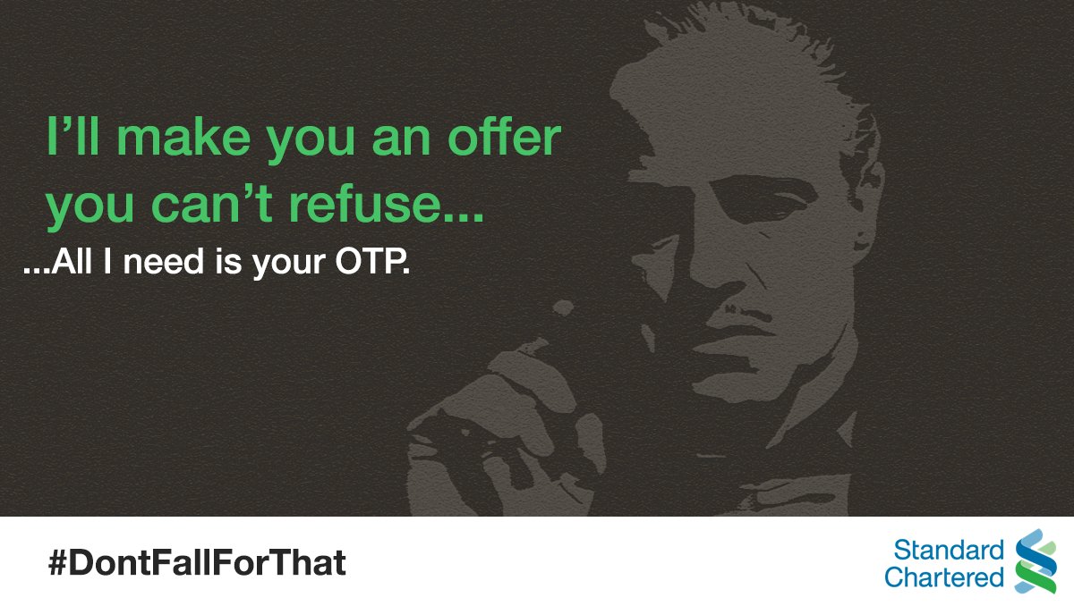 StanChartIN's tweet photo. No offer is worth sharing your OTP (one time password). Sharing it with others means exposing your account to fradaulent activity. #BankSafe #DontFallForThat https://t.co/glE6DZCYbZ https://t.co/lwjOnGJyWb