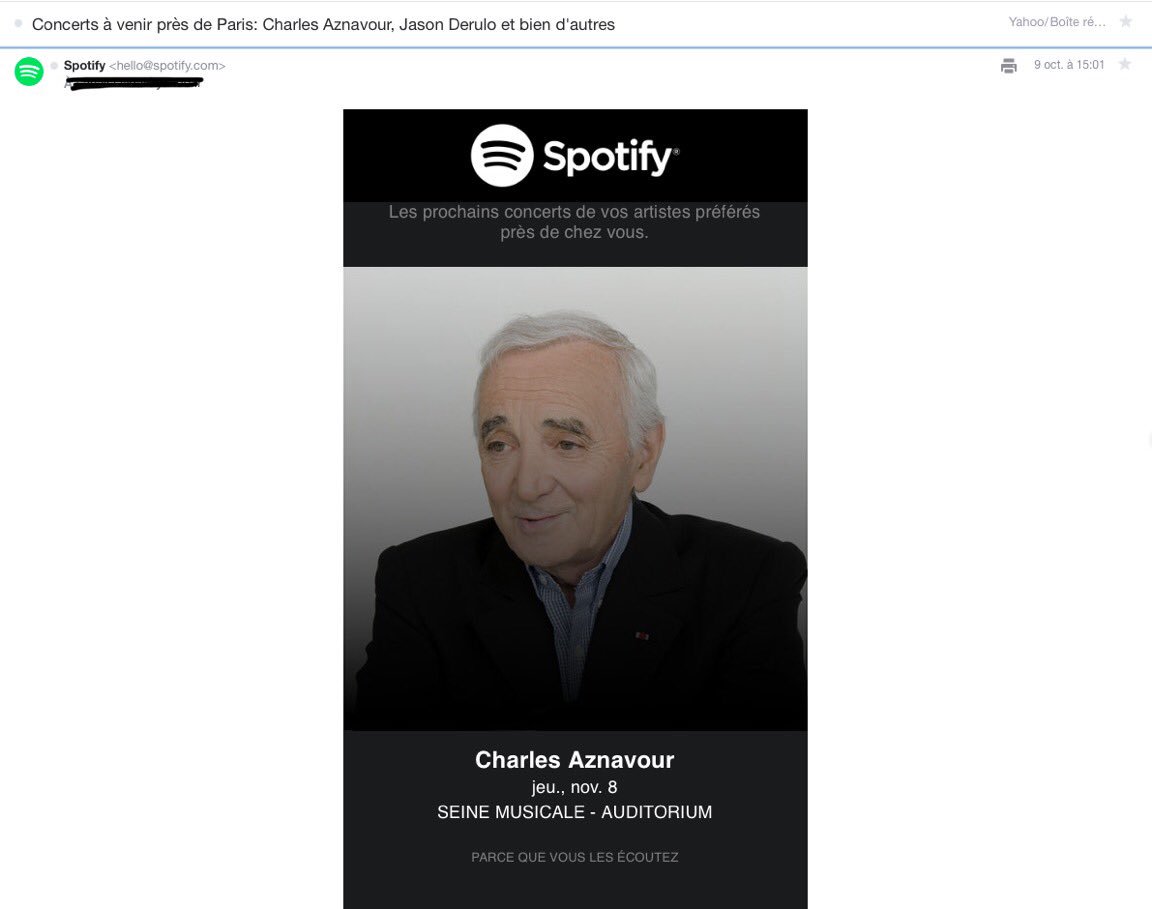 Anaisfvidal's tweet photo. @Spotify À l’avenir, vérifiez vos emailings avant de les envoyer.... #Aznavour #Rip #badbuzz https://t.co/98e9IoDbpk