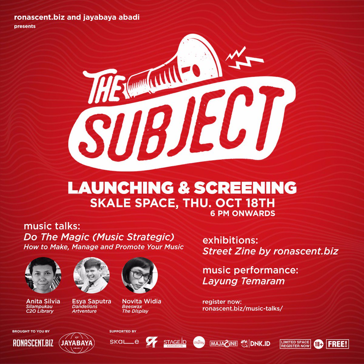 #UPCOMINGEVENT: #TheSubject Launching &amp; #MusicTalks: Do the Magic (Music Strategic) w/ <a href="/anithasilvia/">anithasilvia</a> (<a href="/silampukau/">Orkes Silampukau</a>), Esya Saputra (<a href="/dandelionsband/">Dandelions Official</a>) &amp; moderator Novita Widia (<a href="/thedisplaynet/">The Display</a>/<a href="/beeswaxtheband/">Beeswax</a>) | Thu, Oct 18th 2018 | 6 PM | Skale Space | RSVP: ronascent.biz/music-talks