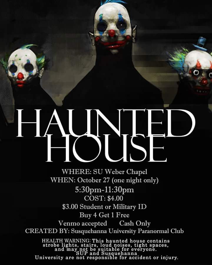 SU_Paranormal's tweet photo. 👻HAUNTED HOUSE! 👻 
OCTOBER 27th (5:30-11:30pm)
LOCATION: Weber Chapel

We are not responsible for any injury or accident. This haunted house does consist of loud noises, flashing lights, stairs, and tight spaces. We will not touch you unless you get a glow stick wrist band. https://t.co/QxqgohwnnY