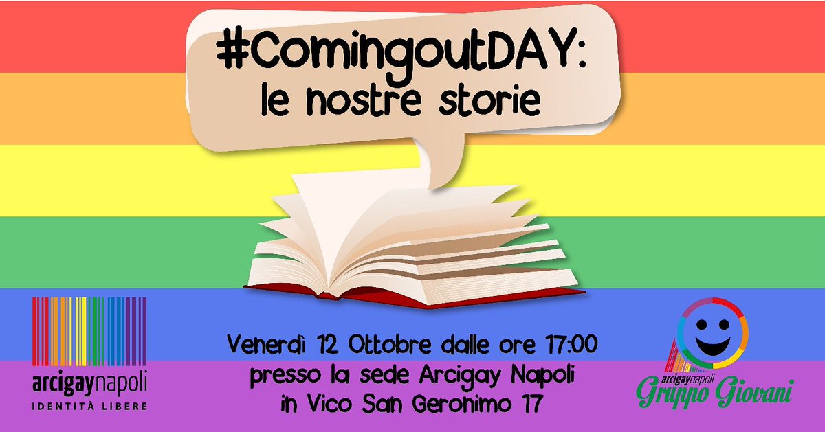 GruppoGiovaniNA's tweet photo. Venerdì un incontro interamente dedicato al #ComingOutDay al nostro #GruppoGiovani! 🌈
Vi aspettiamo dalle ore 17:00 presso la nostra sede @arcigaynapoli in Vico San Geronimo 17! #StayRainbow #comingout #lgbt #lgbtitalia #LGBTQtwitter #LGBTQIA #LGBTQTwiter https://t.co/43LcvQtc7e