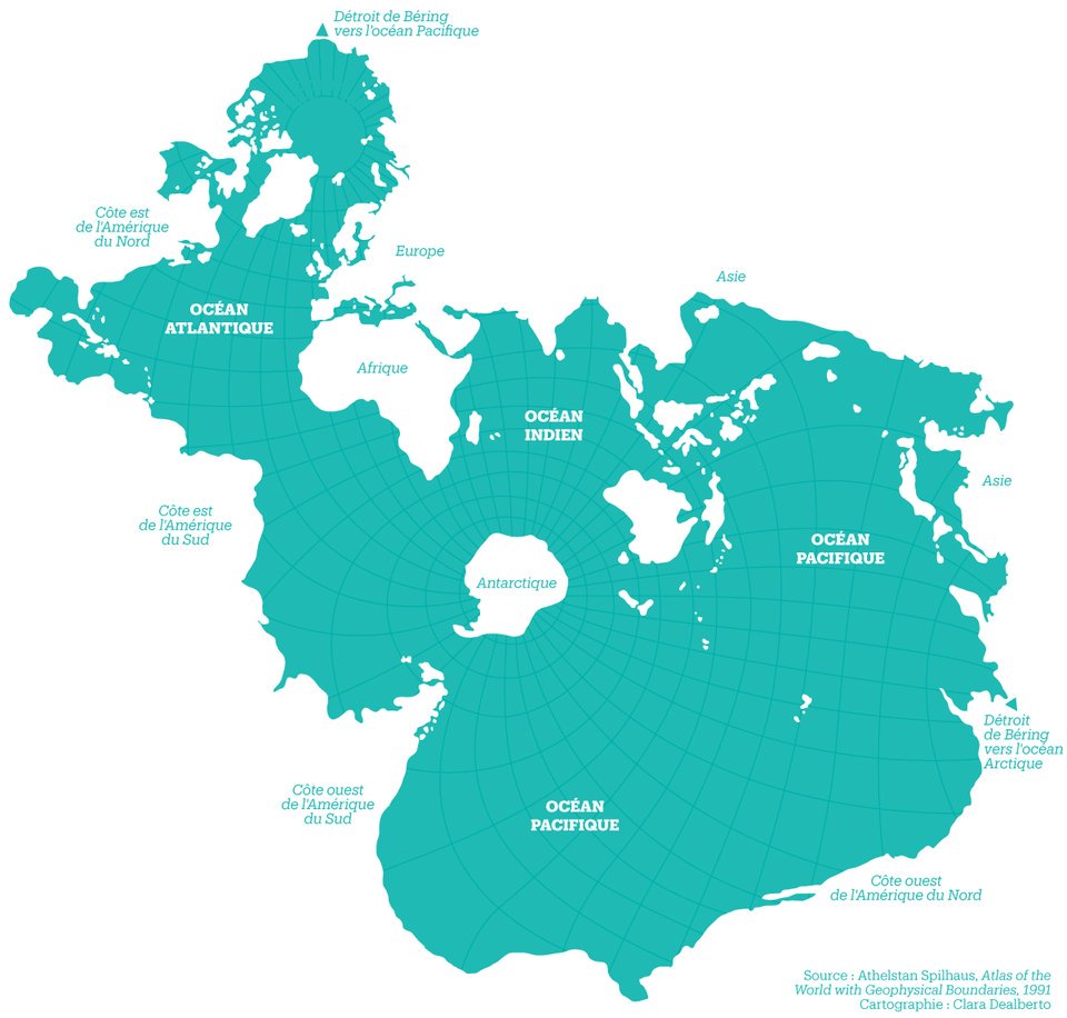 Spilhaus Projection (1942) is a map that puts Earth's water at the center, turning it from negative space into positive