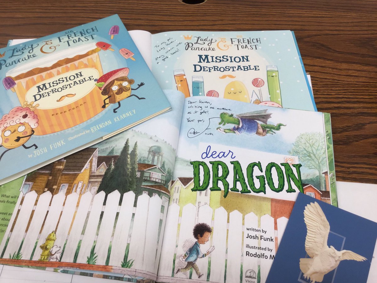 Readergirl4's tweet photo. #checkout the wonderful surprise that awaited me at school this morning!!! #DearDragon & #MissionDefrostable #SIGNED @joshfunkbooks #THANKYOU @CDavisRead 🌟🌟🌟🌟 https://t.co/L8ILrgLyAg