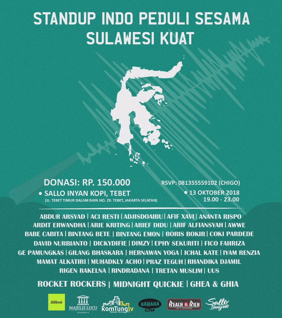 rocket_rockers's tweet photo. Jakarta! Ketemu kita lagi tanggal 13 oktober di Sallo Inyan Kopi Tebet. Yu sing along sambil berdonasi buat saudara - saudara kita di Sulawesi yang sedang terkena bencana. See you!!!
.
#rocketrockshow #standupindo #sulawesikuat https://t.co/QBl8YuD8Vr