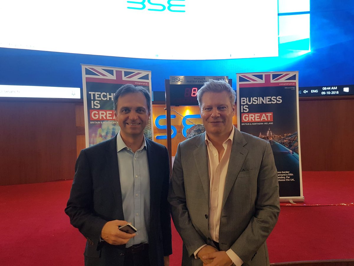 PESBLtd's tweet photo. Day 2 of @citylordmayor trade delegation to India began at the Bombay Stock Exchange @BSEIndia at the start of trading. A chance for Scott Brown and Colin Duggin, Directors of PESB, to discuss the future of global electronic markets. #fintech https://t.co/sKDbvxGn12