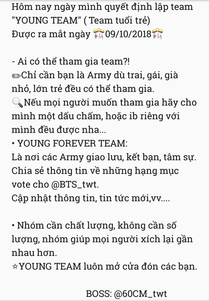 60CM_twt's tweet photo. [ YOUNG TEAM ]

- Như hôm qua mình đã nói.

📌 Hôm nay là ngày ra mắt
"YOUNG TEAM" (09/10/2018)

• Mọi người hãy đọc nếu thấy hợp thì mọi người có thể cmt, hoặc ib cho mình đều được nhé!

🎉YOUNG TEAM LUÔN MỞ RỘNG CỬA CHÀO ĐÓN MỌI NGƯỜI.

Boss là mình @60CM_twt https://t.co/g0AQwyr8h0