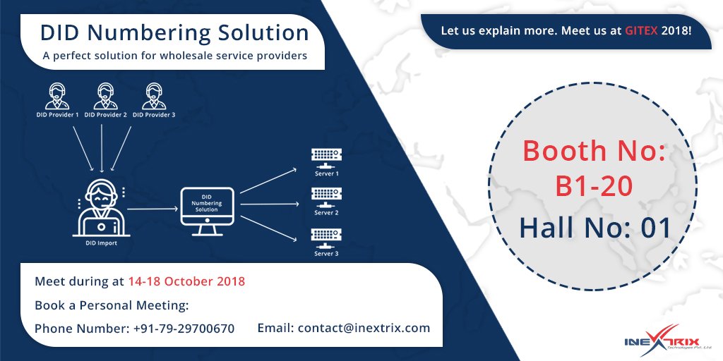Inextrix's tweet photo. DID Numbering Solution
A perfect solution for wholesale service providers
Let us explain more. Plan a visit to GITEX 2018!
#DIDnumbering #DIDNumber #VoIP #ServiceProvider #CallTermination #CallRouting #Wholesale #Retail #iNextrix #GITEX2018 #GITEXFutureStars #GITEX https://t.co/QzIEhPCrDX