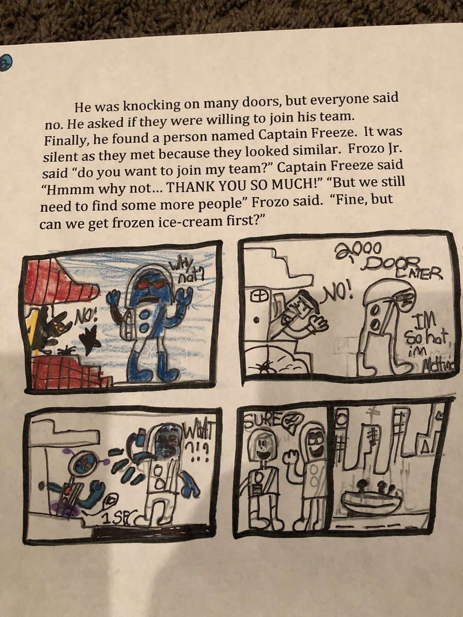 StromerTara's tweet photo. My son and some of his classmates spent their weekend writing and illustrating their own comic book. Each child is writing a chapter! This isn’t even a class assignment!  @ElisabettaBava1  you are inspiring your students beyond the classroom! https://t.co/46jAudr7bY