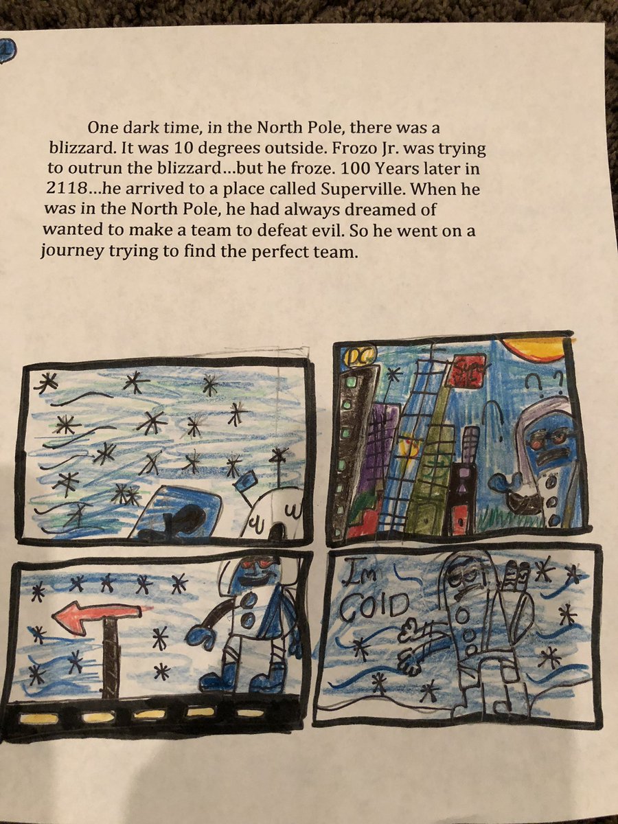 StromerTara's tweet photo. My son and some of his classmates spent their weekend writing and illustrating their own comic book. Each child is writing a chapter! This isn’t even a class assignment!  @ElisabettaBava1  you are inspiring your students beyond the classroom! https://t.co/46jAudr7bY