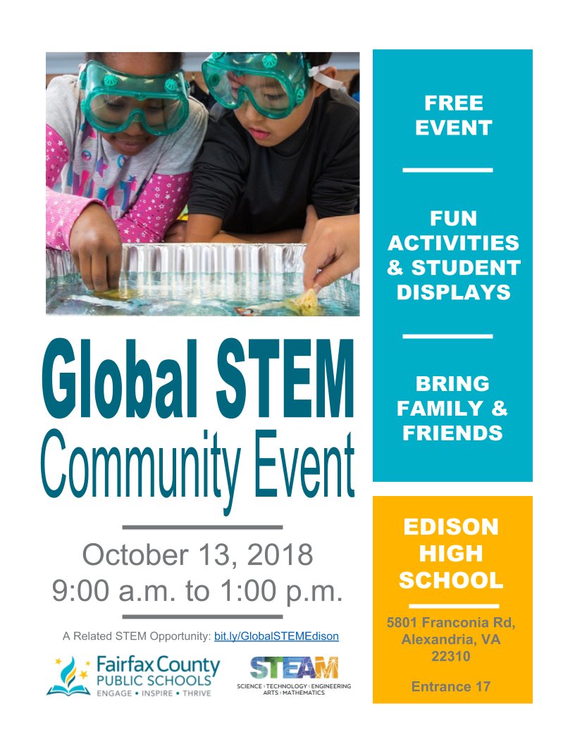 Clermont_ES's tweet photo. The Countdown to the #GlobalSTEMEvent has started. Hope to see our students and families at the event this weekend. #edisonglobalstem #FCPSSTEAM https://t.co/yF6zLabd09