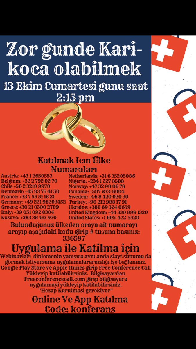 NasilBasederim's tweet photo. Kiymetli takipcilerimiz,
13 Ekim Cumartesi gunu New York saatiyle 2:15 pm deki "Zor Gunlerde Kari-Koca olabilmek" konulu konferansimiza online katilabilirsiniz. Katilim ucretsizdir.
Detaylara ekteki ilandan ulasabilirsiniz. https://t.co/F54RjcLSqd