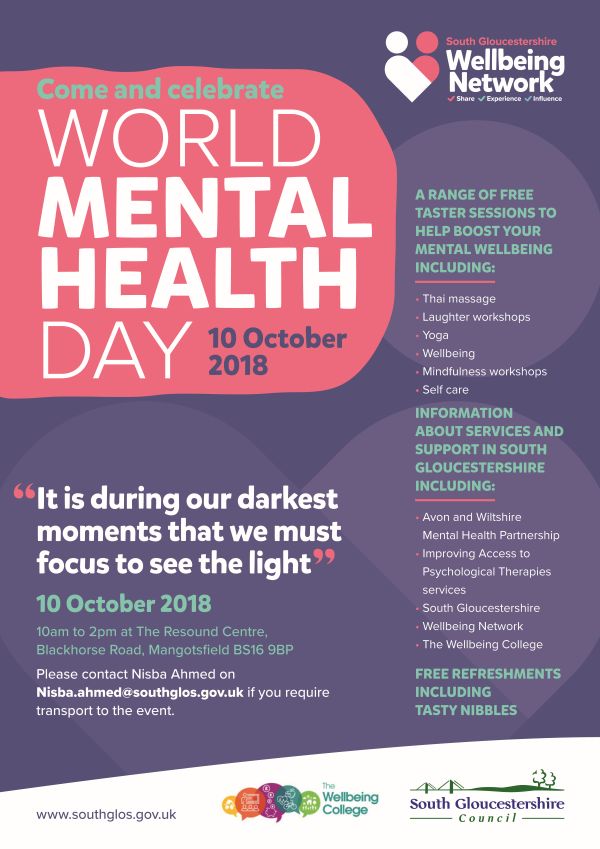 Wellbeingcolleg's tweet photo. We'll be joining @sgloscouncil @AWPNHS  &amp; others tomorrow to celebrate #WorldMentalHealthDay at the Resound Centre in Downend offering advice on how people can improve their #mentalhealth https://t.co/xWEBnB2ABi