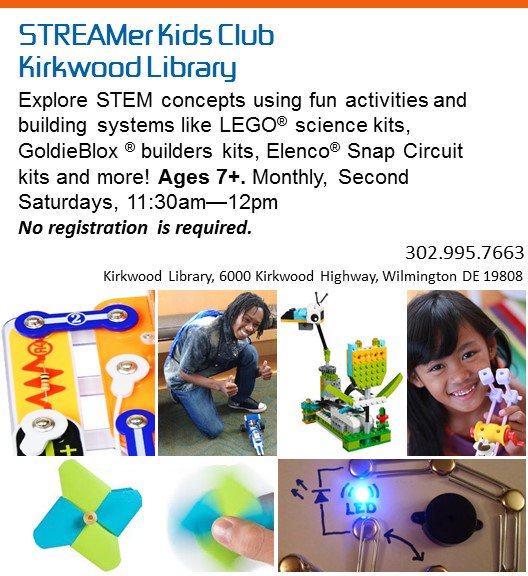 NCCDE's tweet photo. Explore STEM concepts using fun activities and building systems like LEGO® science kits, GoldieBlox ® builders kits, Elenco® Snap Circuit kits and more! Monthly, Second Saturdays, 11:30am-12pm. Ages 7+. #KirkwoodLibrary https://t.co/Uj2jBYqGYG
