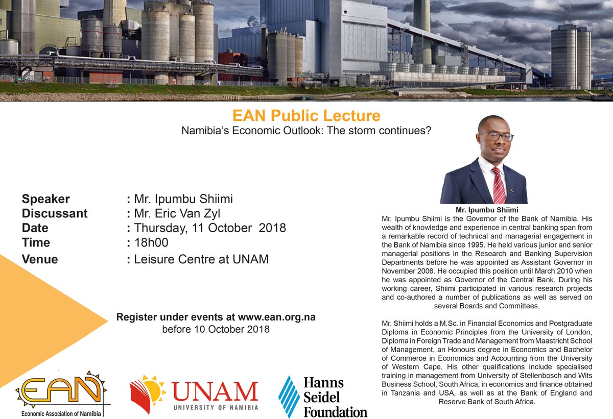 EANamibia's tweet photo. Are you keen to engage in an in-depth analysis of the performance of the Namibian economy, during 2018 and its future outlook? 

Then join us on Thursday as we discuss the above!

Freely register here: https://t.co/CDfzayumRm

@unam_na @HSFNamibia @EricsAnalysis https://t.co/9h3hjYB8xx