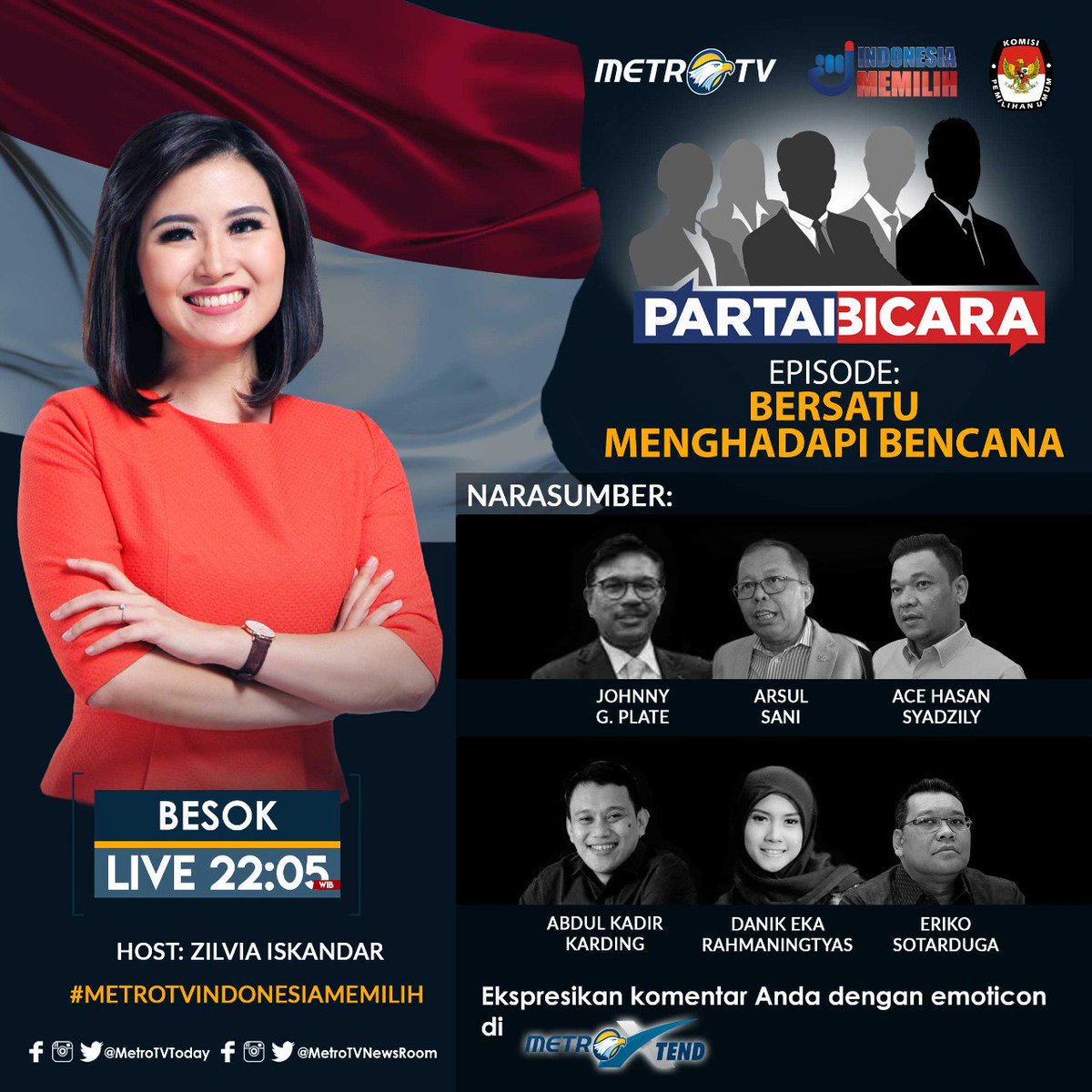 Metro_TV's tweet photo. #PromoProgram Saksikan program Partai Bicara dalam episode "Bersatu Menghadapi Bencana, Selasa 9 Oktober 2018 pukul 22.05 WIB hanya di Metro TV https://t.co/U5tHBty7gf