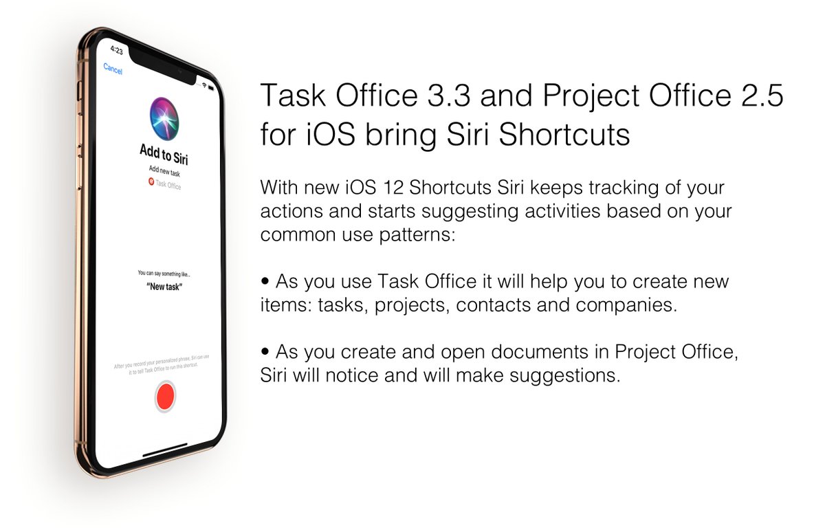 ConsultingDk's tweet photo. Task Office and Project Office for iOS are ready for iOS 12 and support Siri Shortcuts. #Siri  #shortcuts #Productivity #IOS12 https://t.co/Dn7d7zi5mN