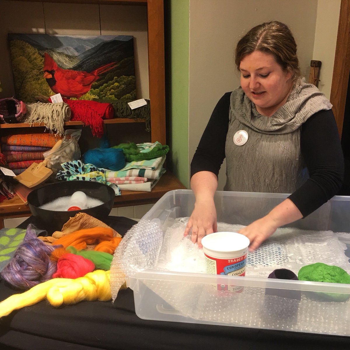 GrovewoodVill's tweet photo. #AmericanCraftWeek continues! Local fiber artist Kendall White will be in the gallery this Sat. from 11am-4pm demonstrating the wet felting process she uses to create sculptural wool baskets and merino wool neck wraps. #Asheville https://t.co/rqb4d1XULu
