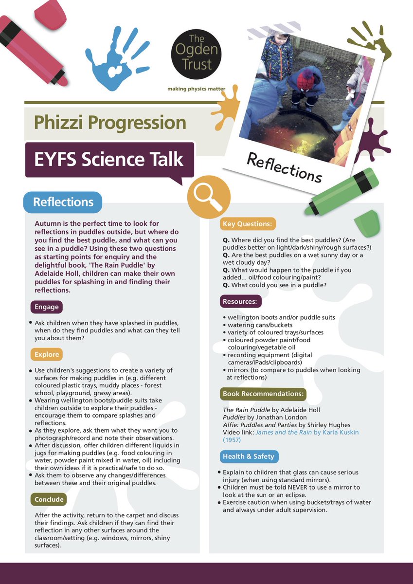 ogdentrust's tweet image. EYFS Science Talk: Autumn is the perfect time to look for reflections in puddles outside, but where do you find the best puddle, and what can you see in a puddle? #nevertooyoungforscience #EYFSscience #sciencetalk bit.ly/2RE0XxT