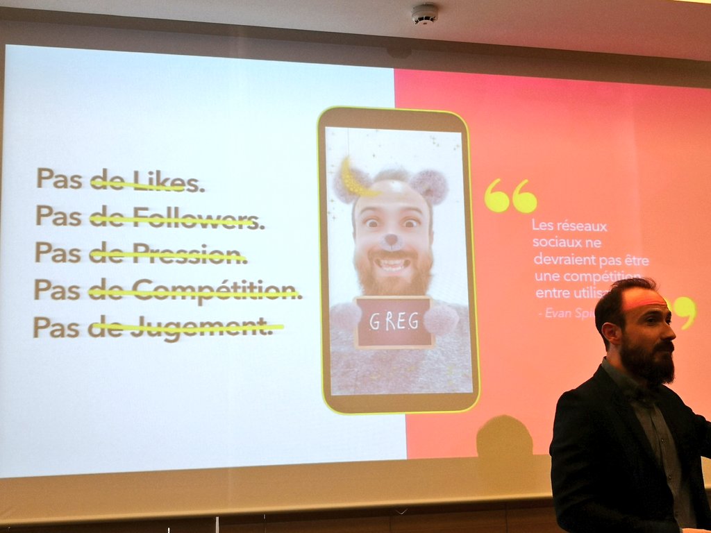 L'ADN de #Snapchat est qu'on est soit-même, pas de likes ou de shares qui sont des vanity metrics qui vont optimiser la forme de la publication.
"Les réseaux sociaux ne devraient pas être une compétition entre utilisateurs." déclare le CEO de Snapchat.
#HUBFORUM