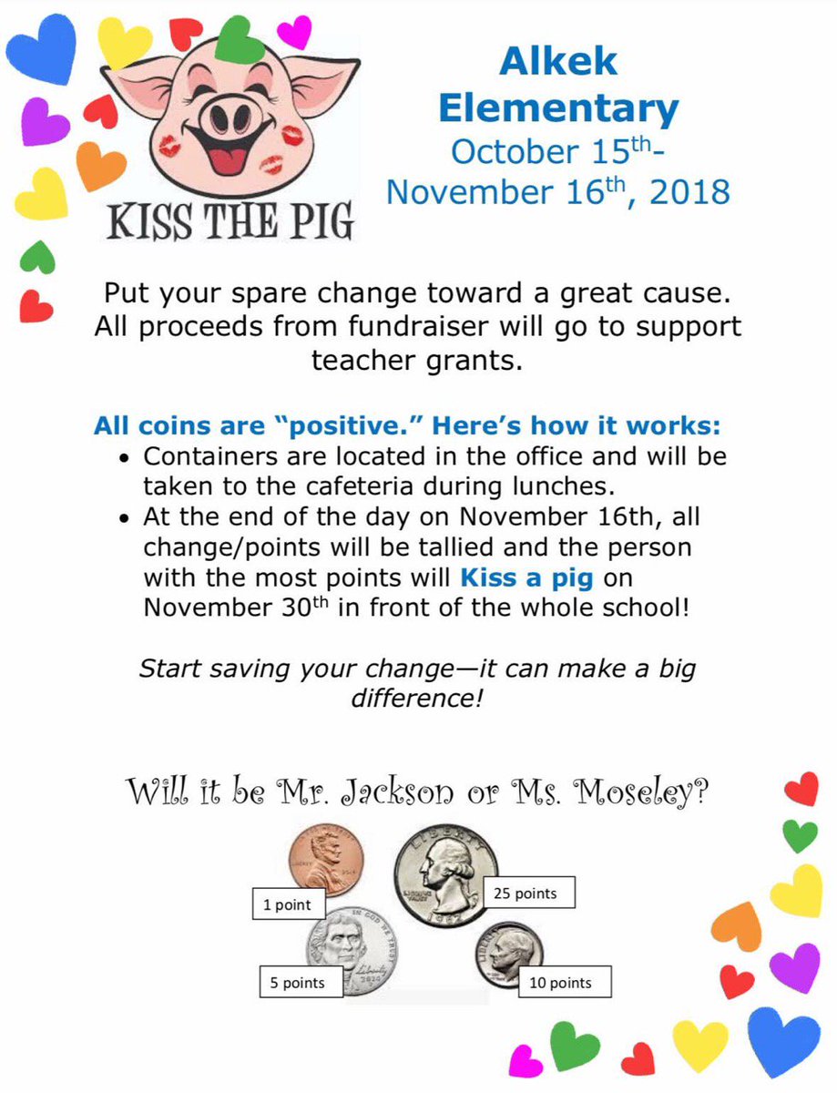 AesBulldogs's tweet photo. Who will Kiss the Pig?! Alkek Elementary invites you to put your spare change toward a great cause. The container with the most points will Kiss a Pig on Nov 30! #kissapig #supportourteachers  #willitbejacksonormoseley #wearebandera #makeadifference #saveyourchange https://t.co/FSKgTXCK65