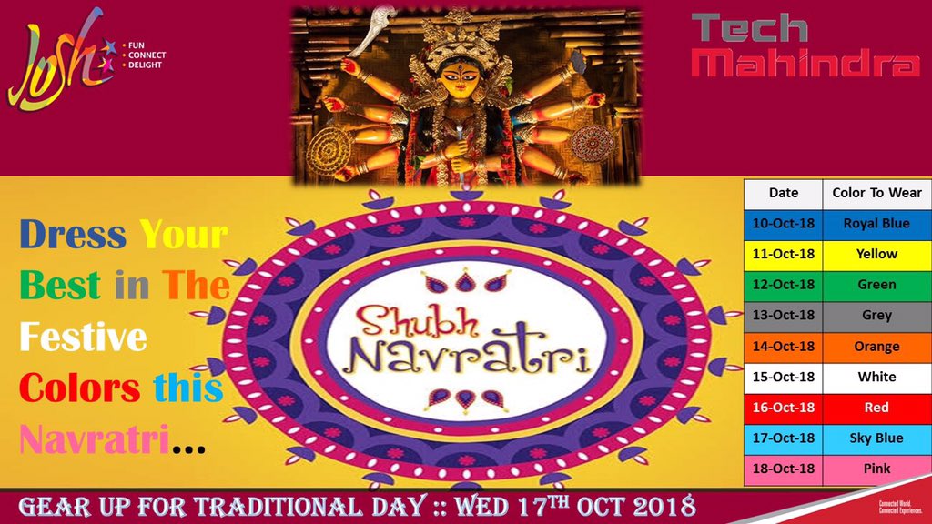josh_mumbai's tweet photo. Dress Your Best In The Festive Colors This Navratri!!
Gear up for Traditional Day : Wednesday 17th Oct 2018.
#NavratriCelebrations2K18 #ColorsOfNavratri #TraditionalDay #FestiveTime #Fun
#TECHM #TechMMumbai
#Josh #JoshMumbai
#TheTechMWay https://t.co/z9VI9gOS4a