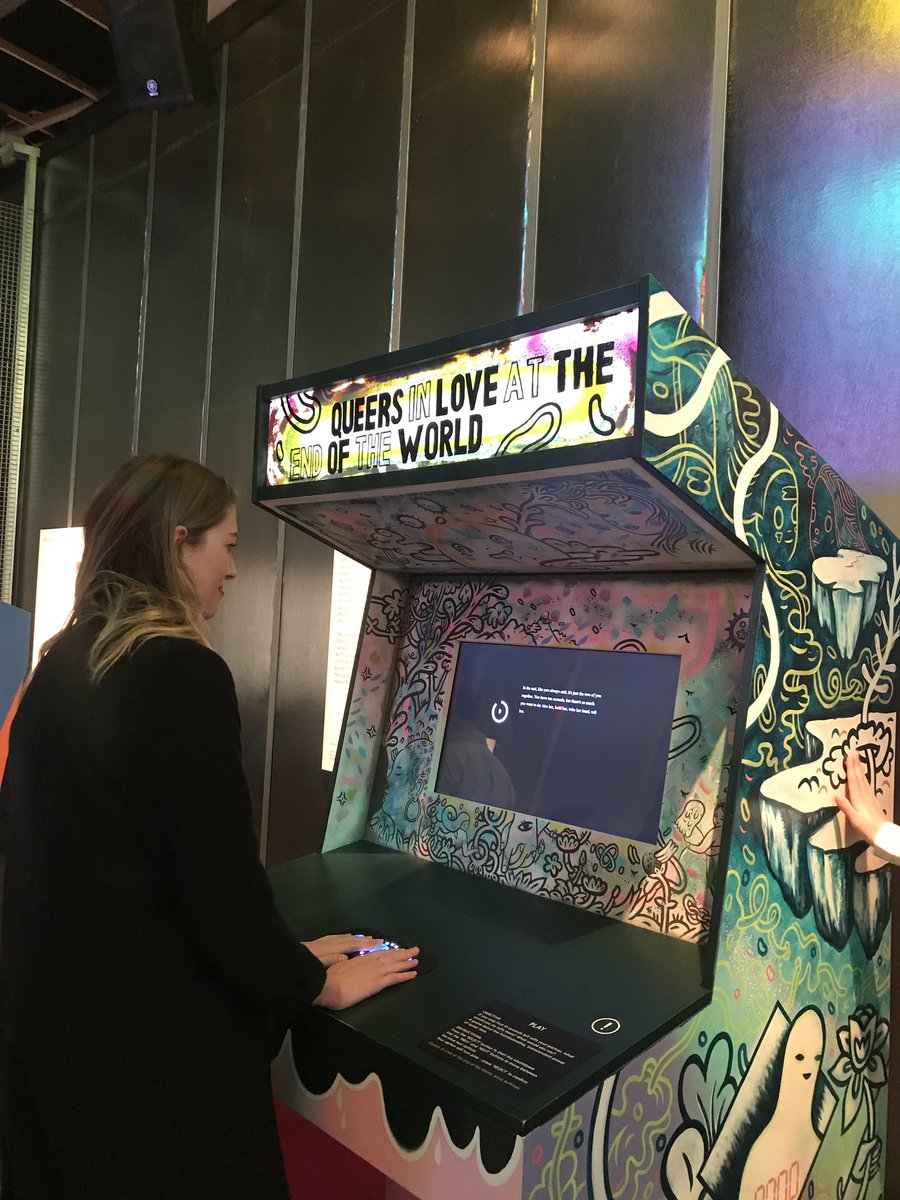 V_and_A's tweet image. queers in love at the end of the world asks how you would spend the last 10 seconds with your partner before the end of the world. @adult_witch used interactive fiction tool @twinethreads to create the game. The exhibition cab was illustrated by @_kamling #AdaLovelaceDay18