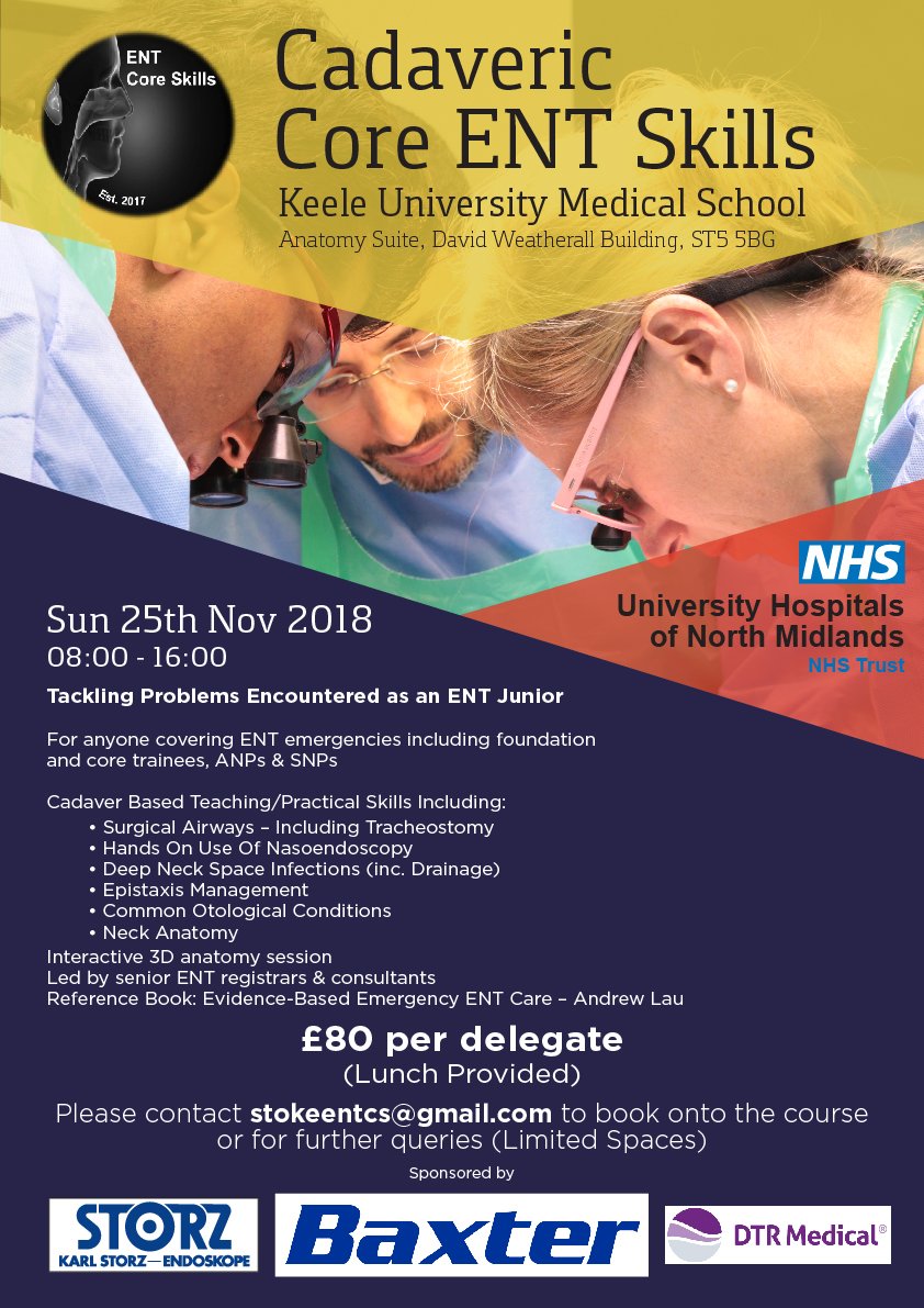 Our popular #ENT #Coreskills course is back in November. If you are an ENT Junior or cover ENT emergencies, please contact stokeentcs@gmail.com for more details. Places are limited!

#KASTC #juniordoctors