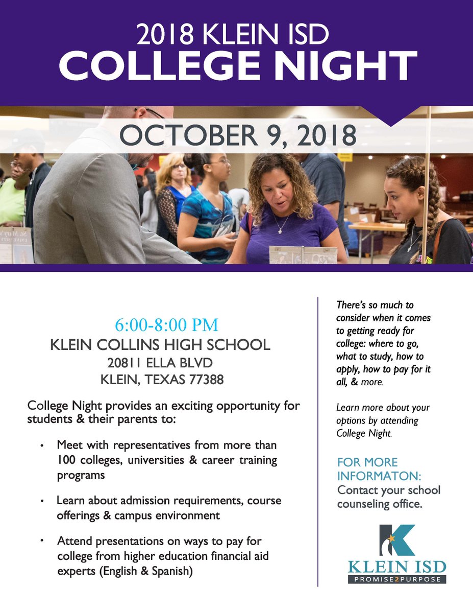 KleinISD's tweet photo. Tonight, hundreds of college, university and trade school reps will be on hand to answer all of your questions! Don't miss out on College Night beginning at 6 p.m.! https://t.co/l3gTi1O6KC
