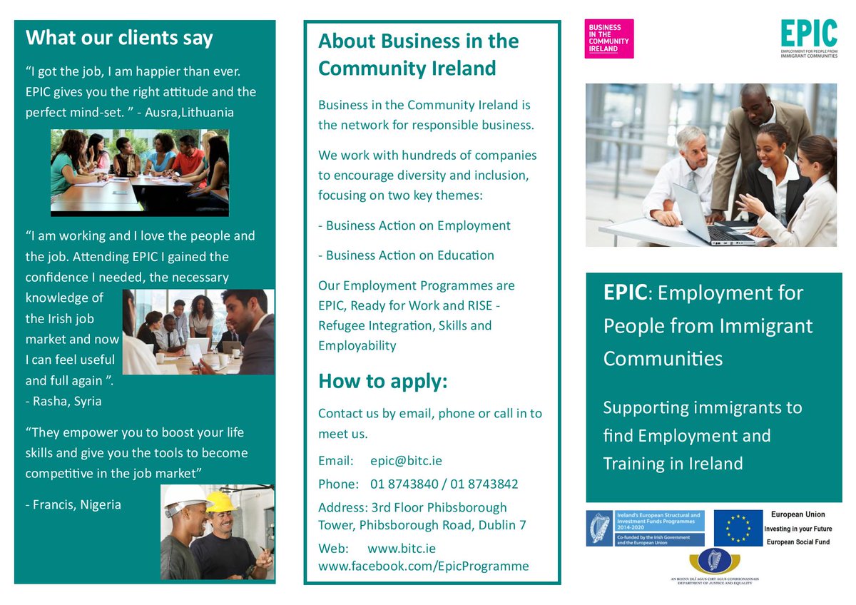 dicaegs1's tweet photo. Business in the Community (BITC) are now accepting applications for their  Employment Programmes, providing personalised support to Migrant Workers (EPIC) and Refugees (RISE)  @MigrantRightsIr @IrishRefugeeCo @INOUIreland @irishmigrants @BITCIreland https://t.co/EMMustBzIH