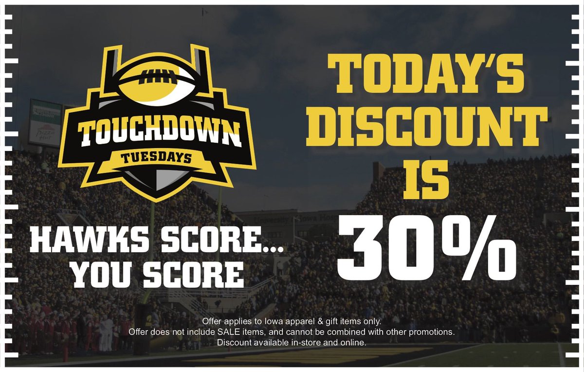 iowahawkshop's tweet photo. ARE YOU SITTING DOWN?! Thanks to our Hawkeyes, you get 30% off TODAY ONLY!! 💛

That's right!! Use it today while you can! 💻Online discount code: TDTUESDAY30

#iowahawkshop #touchdowntuesday #uiowa @uiowaIMU @UIStudentLife https://t.co/TH4jTCiCnO