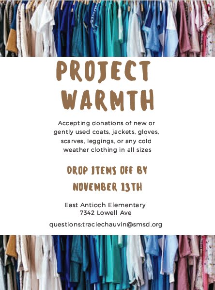 MrsChauvinSW's tweet photo. @EastAntiochSMSD Project Warmth has started! We are accepting donations of warm clothing for the upcoming cold weather! All sizes are welcome for our families in need! Info in flier ❄️🌨️☃️ #pantherpride512 #smsdrightnow #brrritscoldoutside https://t.co/g7yAw6c4js