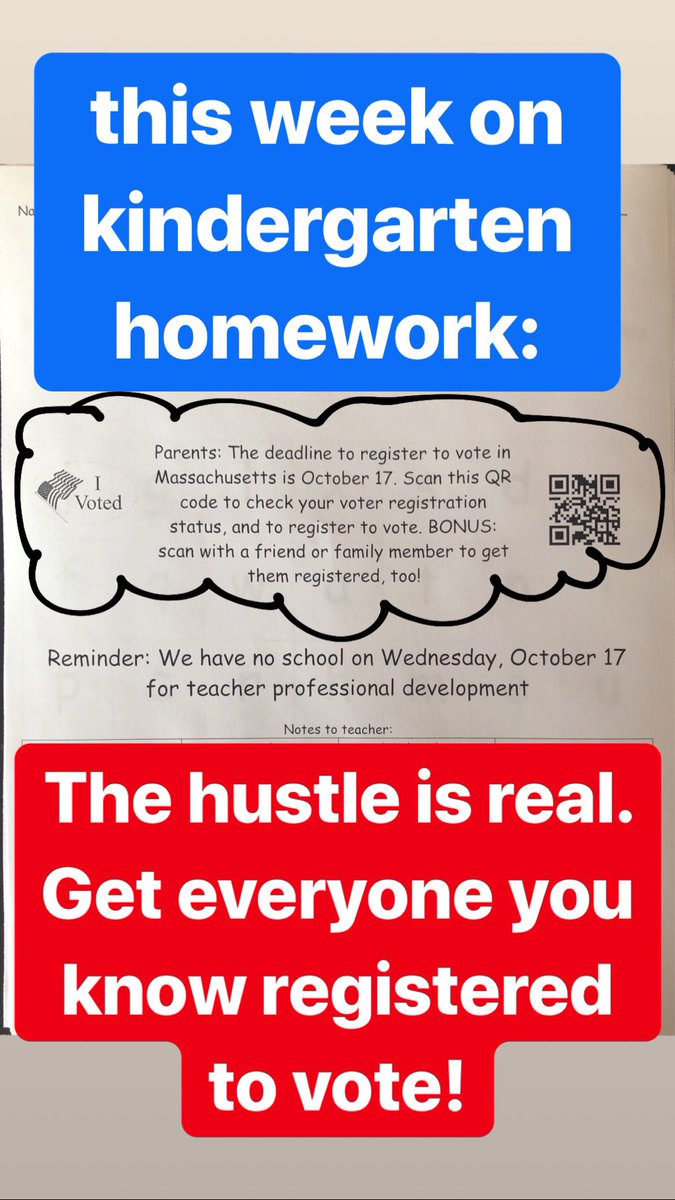 I teach kindergarten. This is the front of our homework this week. #votesaveamerica