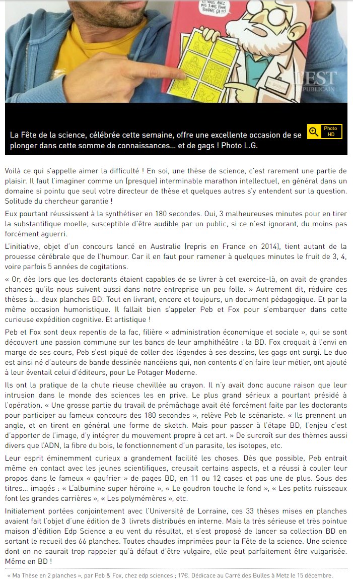 PierreEBertrand's tweet photo. "Ma thèse en 2 planche" à l'honneur dans l'Est Républicain !
#mt180FR #EDPSciences #Univ_Lorraine https://t.co/eCxTt6yAM9