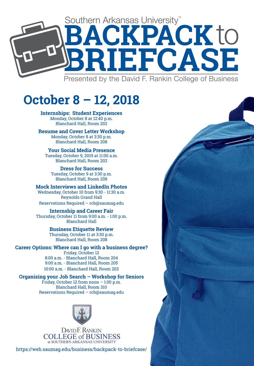Everyone remember come out to the Backpack to Briefcase events today! It is open to all students as well, not just business majors! 🎒💼