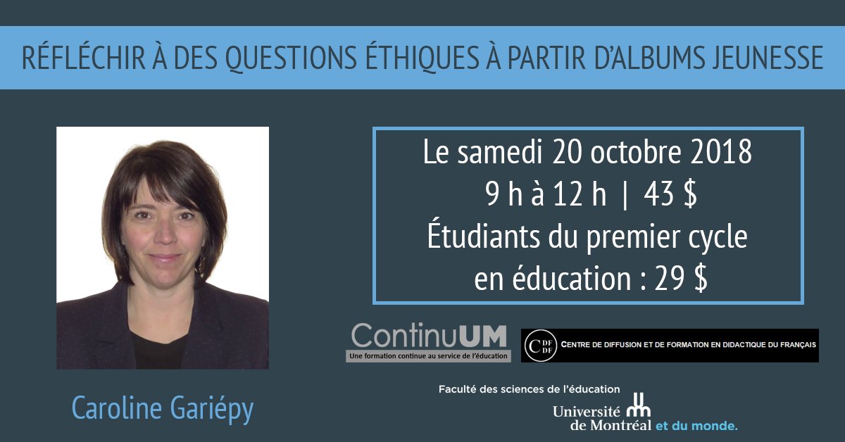ContinuumFSE's tweet photo. Le 20 octobre prochain, le Cdfdf vous invite à explorer des dispositifs d'exploitation des albums jeunesses afin de développer la réflexion des jeunes sur des questions éthiques. Quelques places sont encore disponibles! #EduQC #CDFDF
Pour vous inscrire : https://t.co/aiO6KUJz0K https://t.co/8tcjMZkJKU